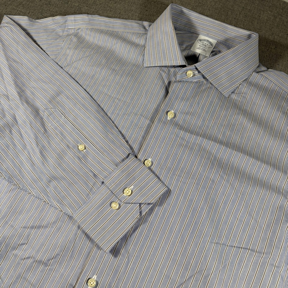 Brooks‎ Brothers Dress Shirt Mens 17-2/3 Blue Tan Striped Regent Non-Iron Cotton